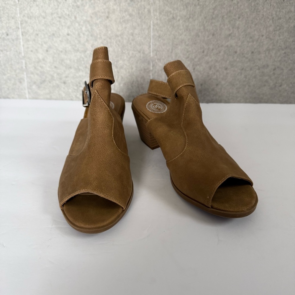 SO Women’s Open Toe Buckle Tan Heel Bootie size 7